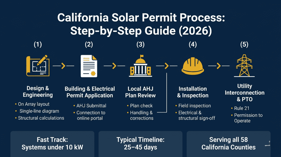 California solar permit process infographic showing 5 steps from design to utility interconnection
