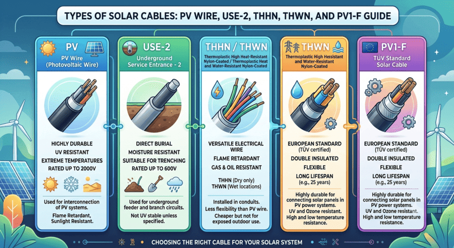 Types of solar cables compared: PV wire, USE-2, THHN, THWN, and PV1-F