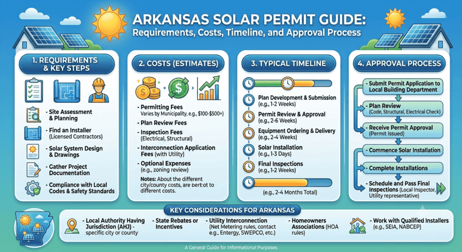 Infographic outlining Arkansas solar permit requirements, cost estimates, typical timeline, and approval process steps