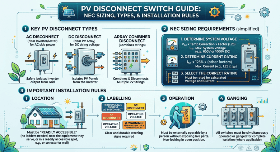 PV disconnect switch types, NEC sizing, and installation rules