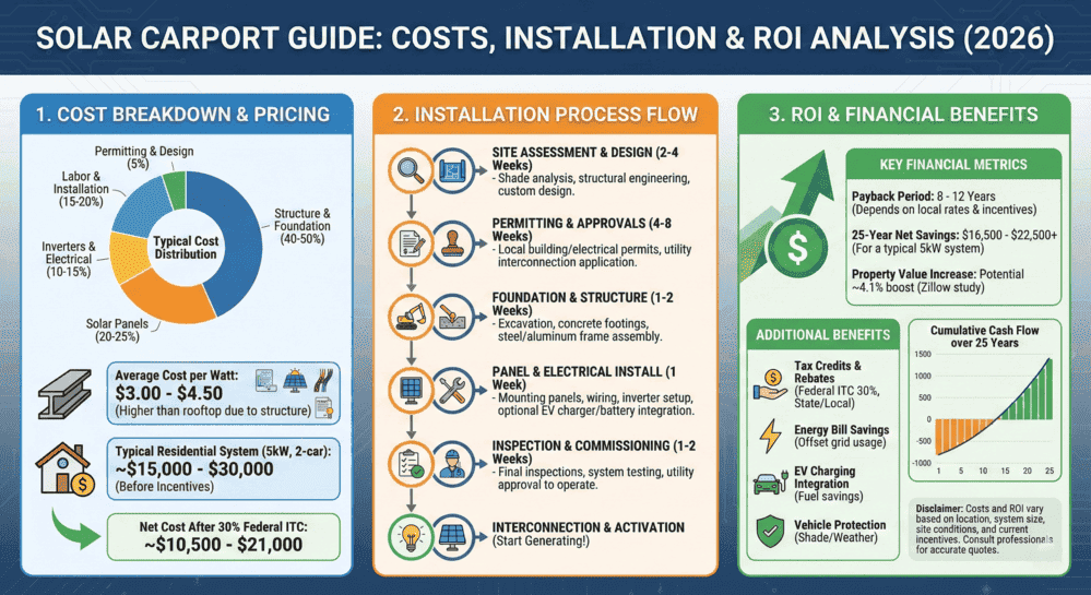 Solar carport cost, installation process, and ROI analysis infographic for 2026.