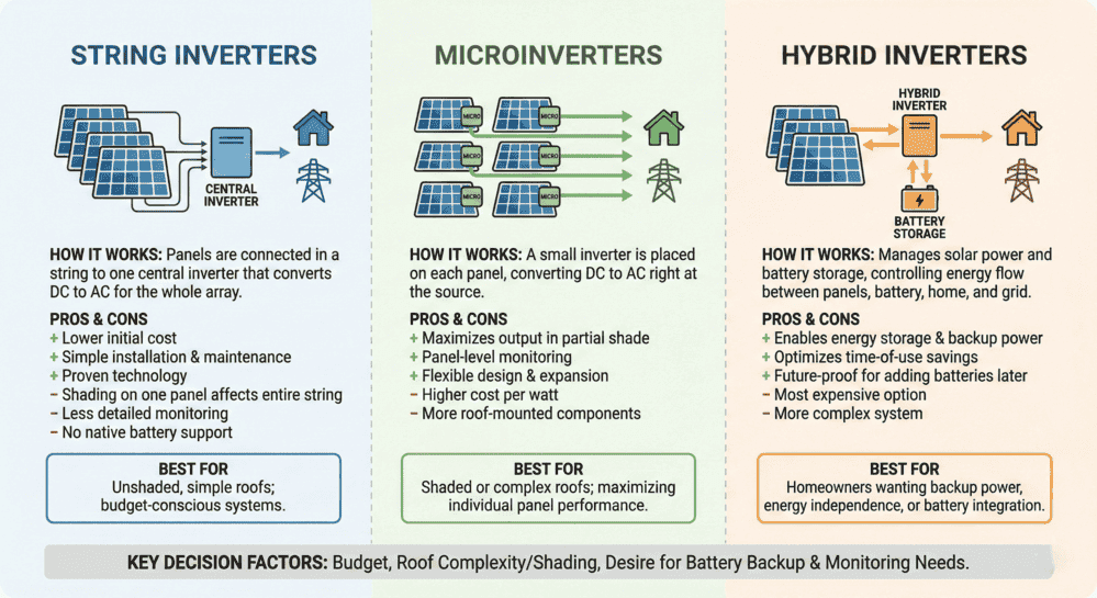 Comparison chart showing three solar inverter types: string inverters with central unit, microinverters on each panel, and hybrid inverters with battery storage, including pros, cons, and best use cases