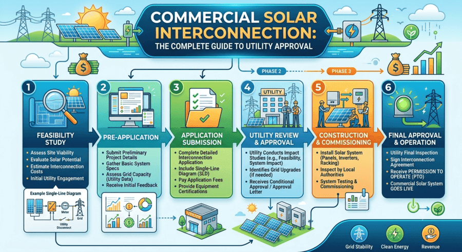 6-phase commercial solar interconnection process from feasibility study to Permission to Operate