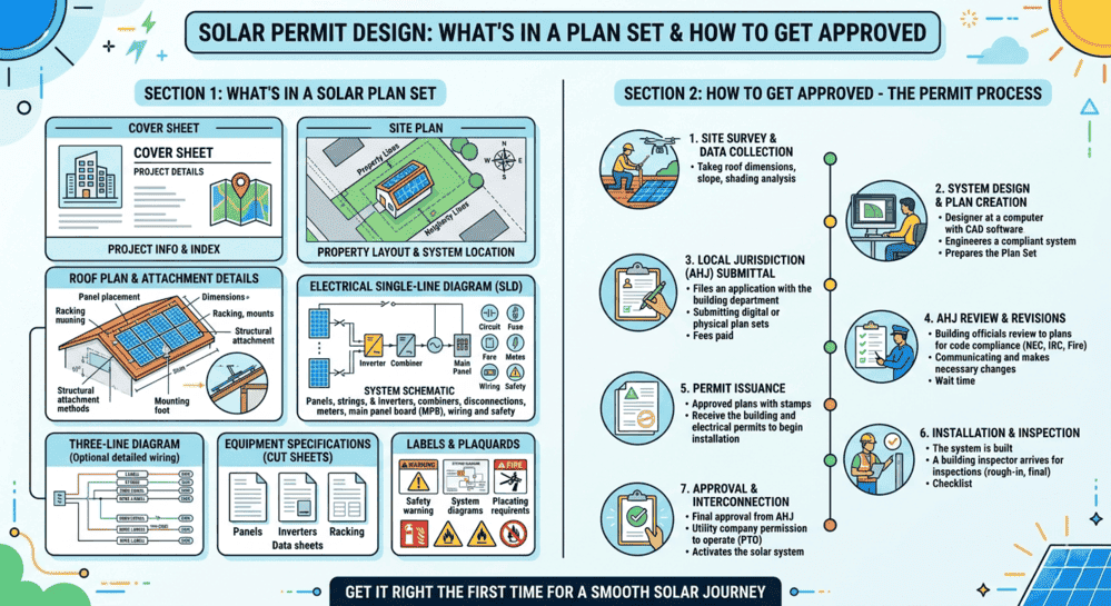 Infographic showing what's in a solar permit plan set and the 7-step approval process from site survey to interconnection.