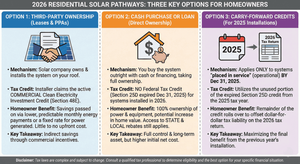 Infographic outlining 2026 residential solar options for homeowners — third-party ownership (leases/PPAs), cash purchase, and carry-forward tax credits from 2025 installations.