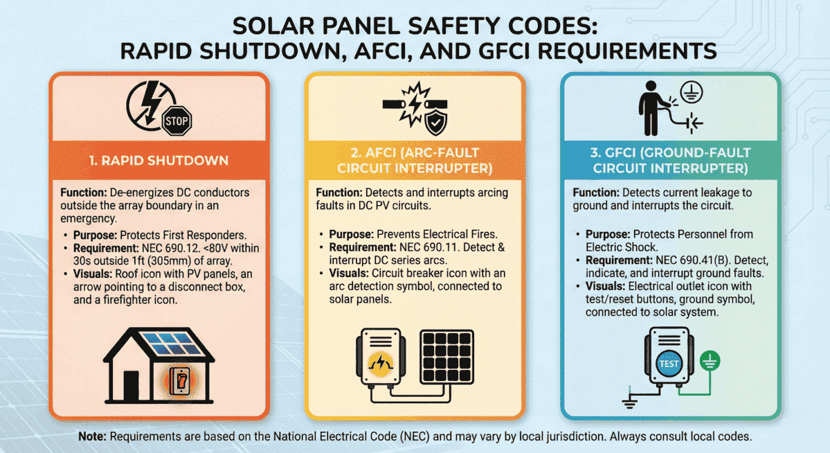 Solar Panel Safety Codes: Rapid Shutdown, AFCI, And GFCI Requirements