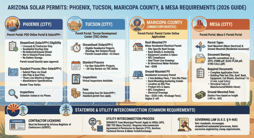 nfographic comparing 2026 solar permit requirements for Phoenix, Tucson, Maricopa County, and Mesa, Arizona, including fees, documents, and utility interconnection steps.