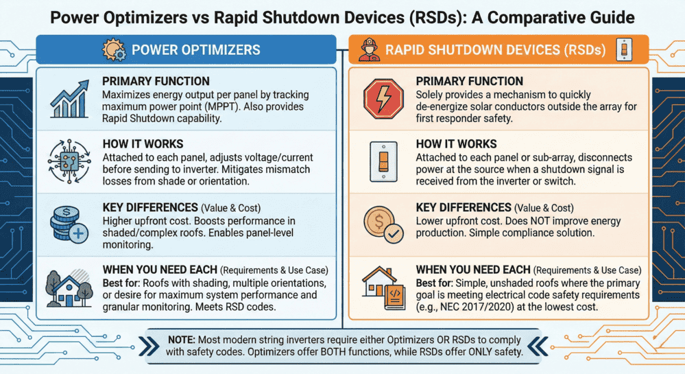 Infographic comparing power optimizers vs rapid shutdown devices (RSDs) covering primary function, how they work, key differences in cost and value, and when to use each for solar panel systems.
