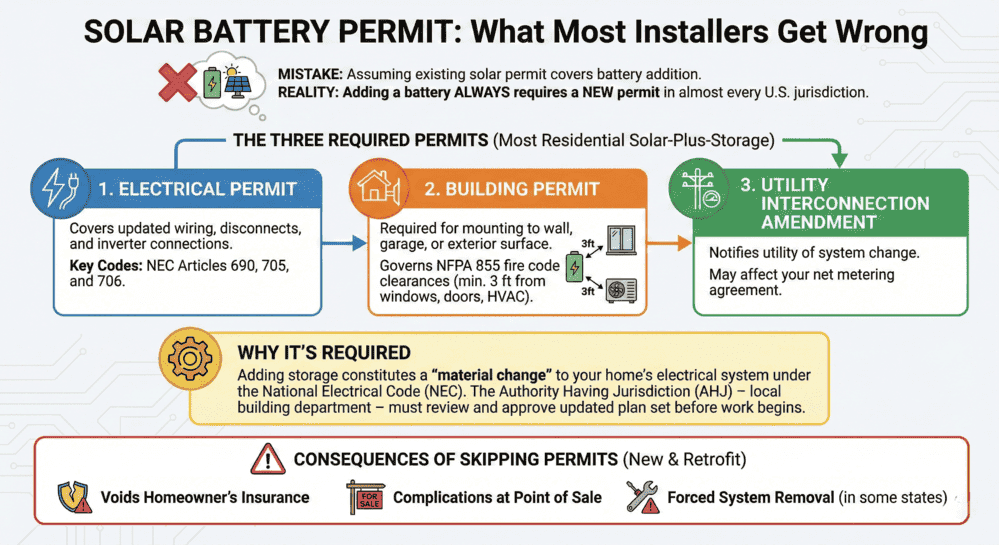 An infographic explaining 3 permits required for residential solar battery additions , electrical, building, and utility interconnection amendment — and consequences of skipping them