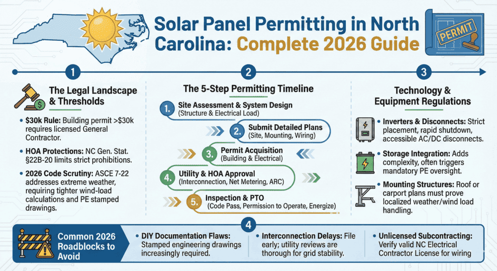 North Carolina solar permit guide showing 5-step permitting process and regulations 2026