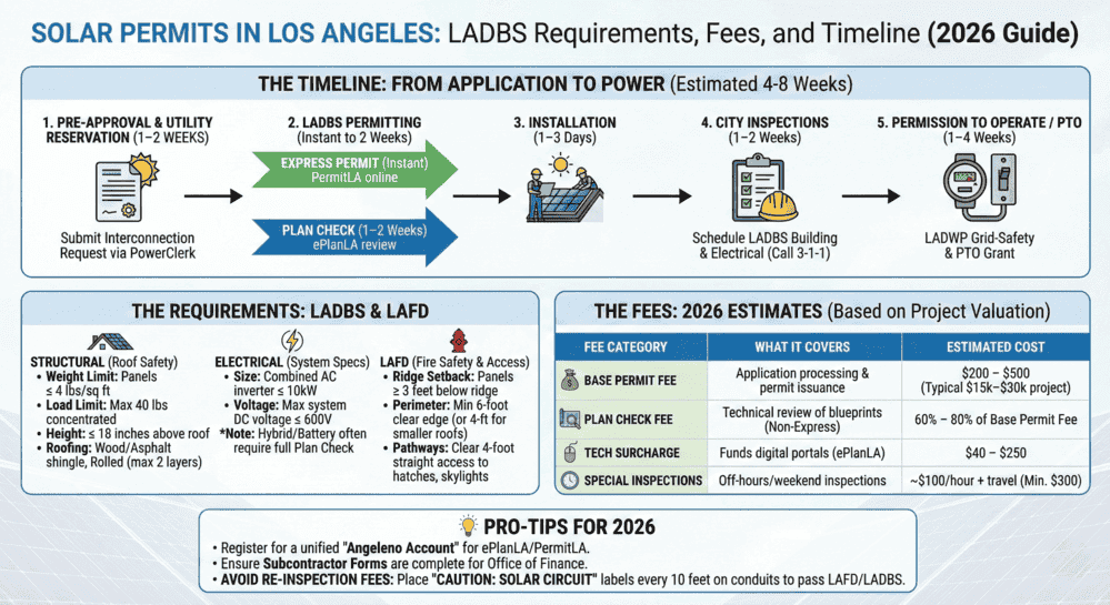 Infographic showing Los Angeles solar permit timeline, LADBS requirements, 2026 fee estimates, and pro tips for homeowners and contractors in LA.