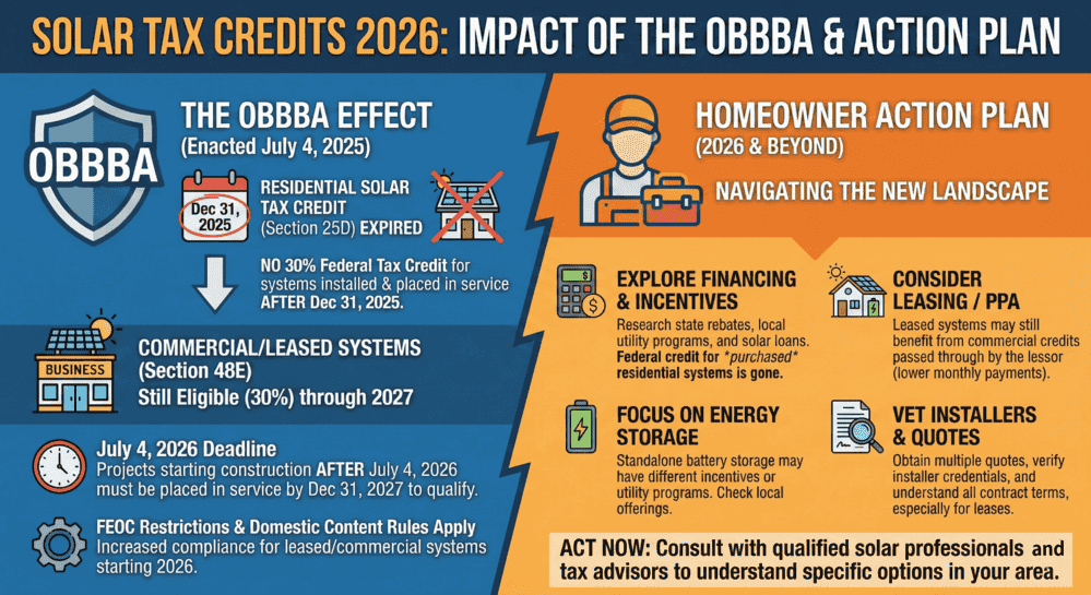 Infographic explaining 2026 solar tax credits after the OBBBA: Section 25D expiration, Section 48E commercial eligibility, and homeowner action steps.
