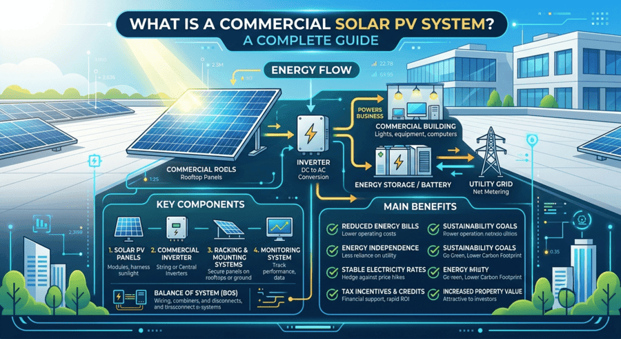 Diagram showing how a commercial solar PV system generates and delivers electricity to a commercial building