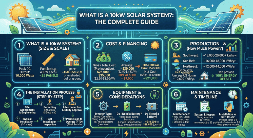 Infographic explaining 10kW solar system size, cost, power production by region, installation steps, equipment options, and maintenance timeline