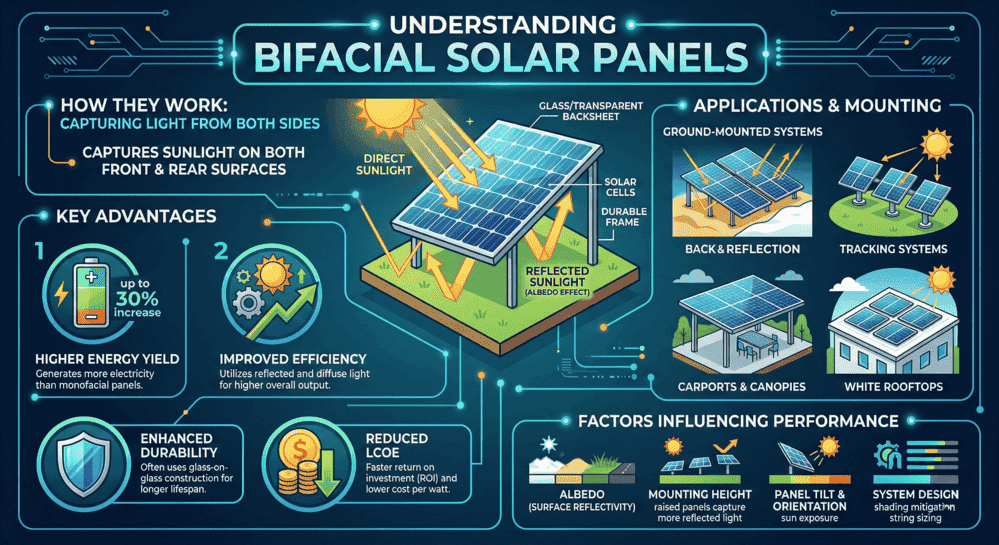 Complete visual guide to bifacial solar panels showing dual-side light capture, glass transparent backsheet, solar cells, and performance-influencing factors
