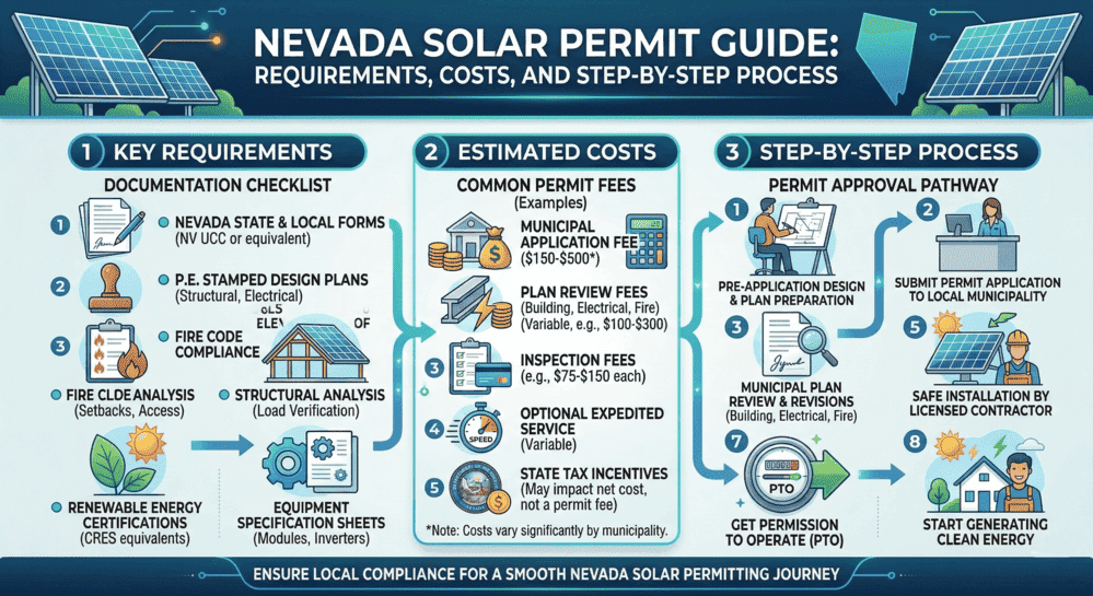Infographic outlining Nevada solar permit requirements, costs ranging from $150–$500, and an 8-step approval process from design to PTO.