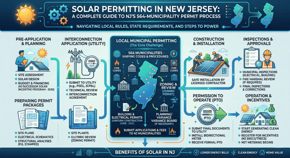 Infographic showing the complete solar permitting process in New Jersey, covering pre-application, utility interconnection, local municipal permits across 564 municipalities, installation, inspections, and PTO.