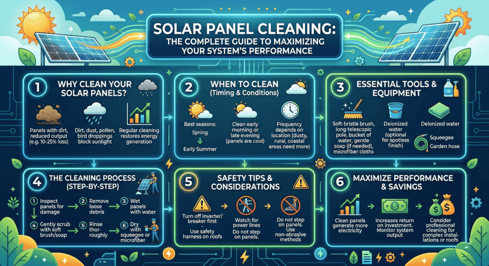 Infographic showing 6-step solar panel cleaning guide including timing, tools, safety tips, and performance benefits