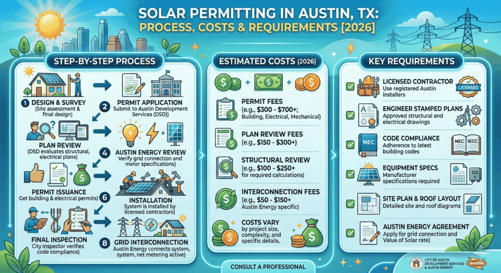 nfographic showing the solar panel permitting process, estimated costs, and key requirements in Austin, TX for 2026
