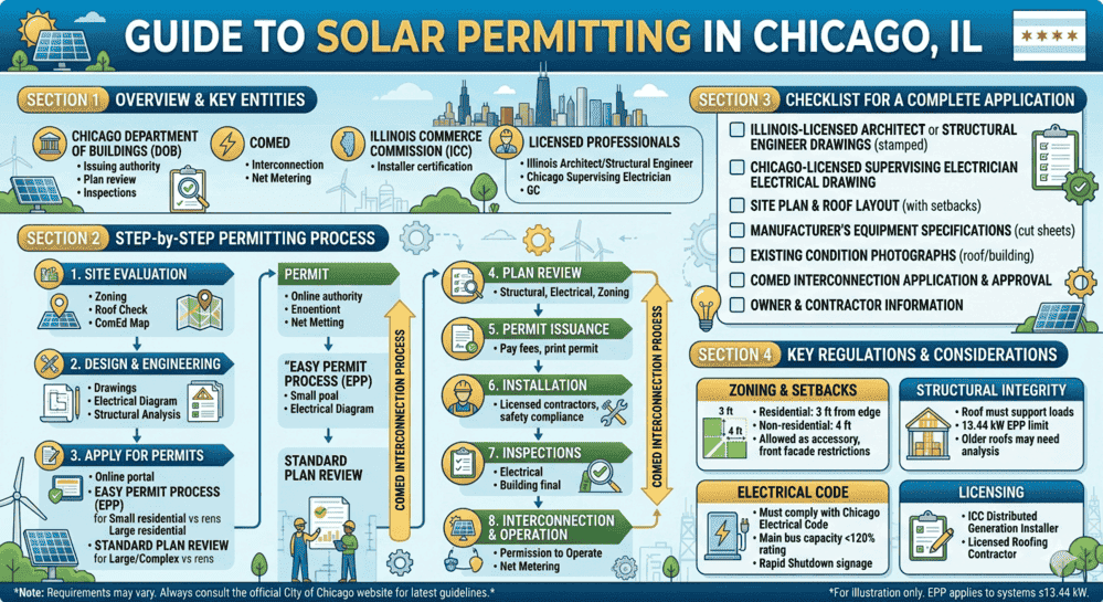 Infographic guide to solar permitting in Chicago IL covering key entities, permitting steps, application checklist, and regulations