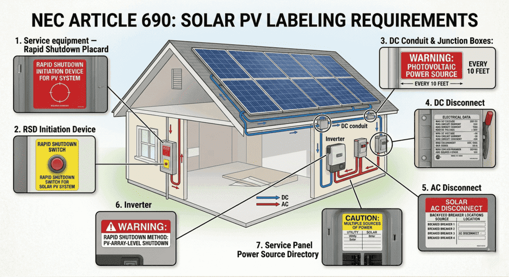 NEC Article 690 solar PV labeling requirements diagram showing rapid shutdown placard, RSD device, DC conduit warning, DC disconnect, AC disconnect, inverter, and service panel labels