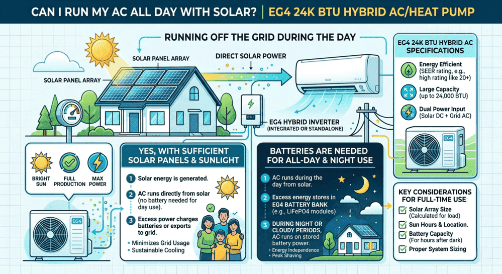 Solar-powered hybrid AC system showing off-grid cooling using solar panels, inverter, and battery storage.