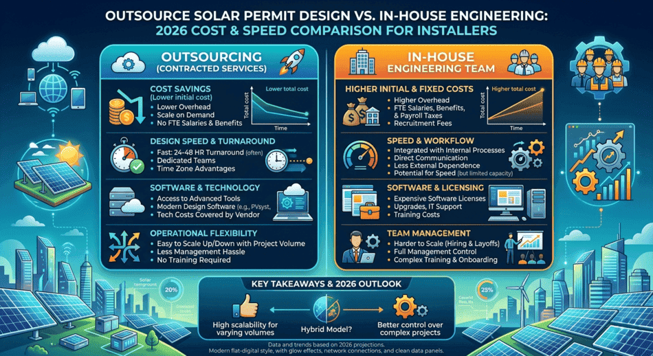 Outsource solar permit design vs in-house engineering 2026 comparison: cost savings, 24-48 hour turnaround, software access, and scalability for solar installers and EPCs