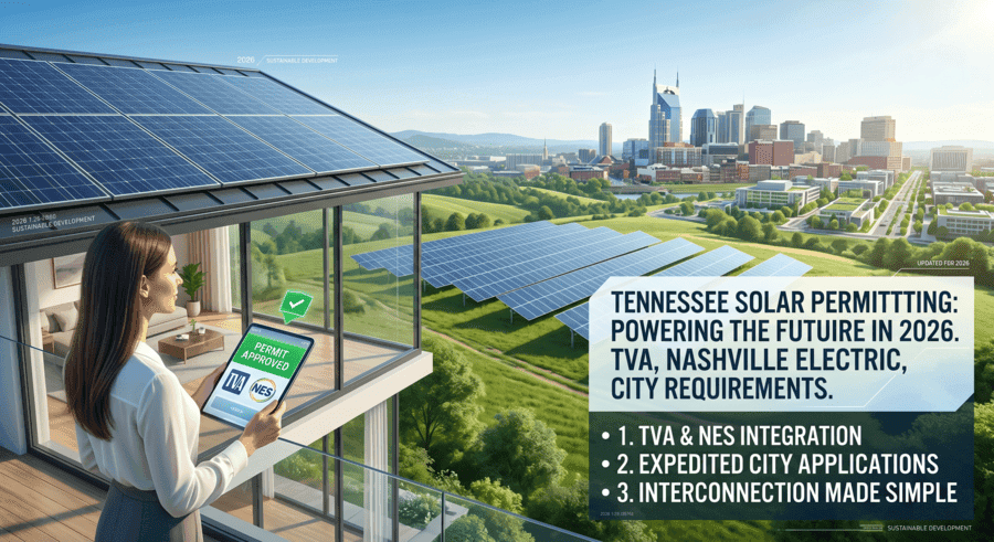 Solar panels on a Nashville home with city skyline, showing TVA and NES permit approval for a Tennessee solar installation in 2026.