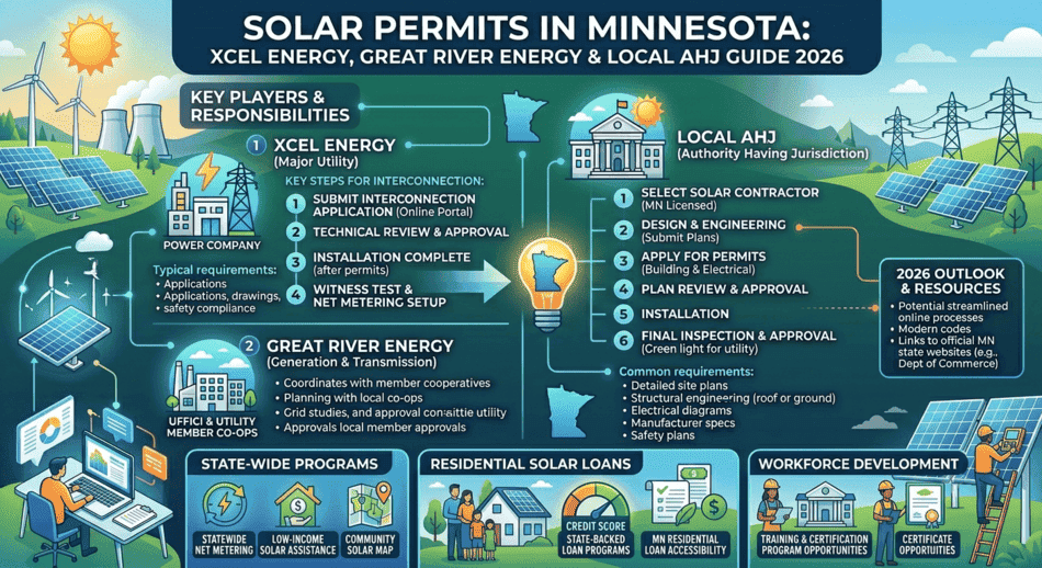 Minnesota solar permit process with Xcel Energy, Great River Energy, and local AHJ requirements.