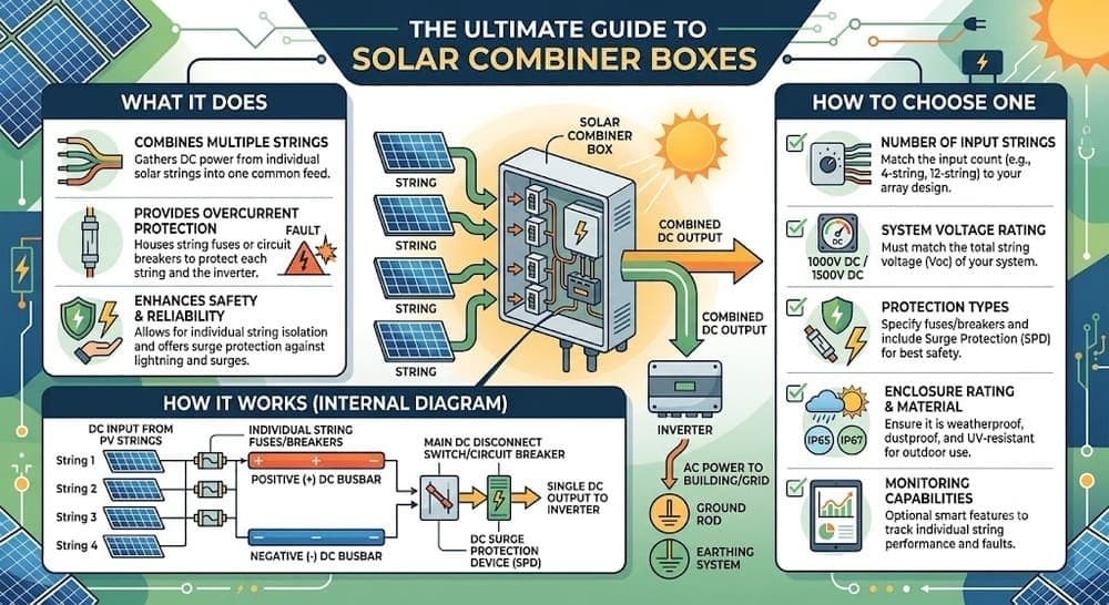 Solar combiner box diagram showing how multiple PV strings combine into a single DC output with overcurrent protection