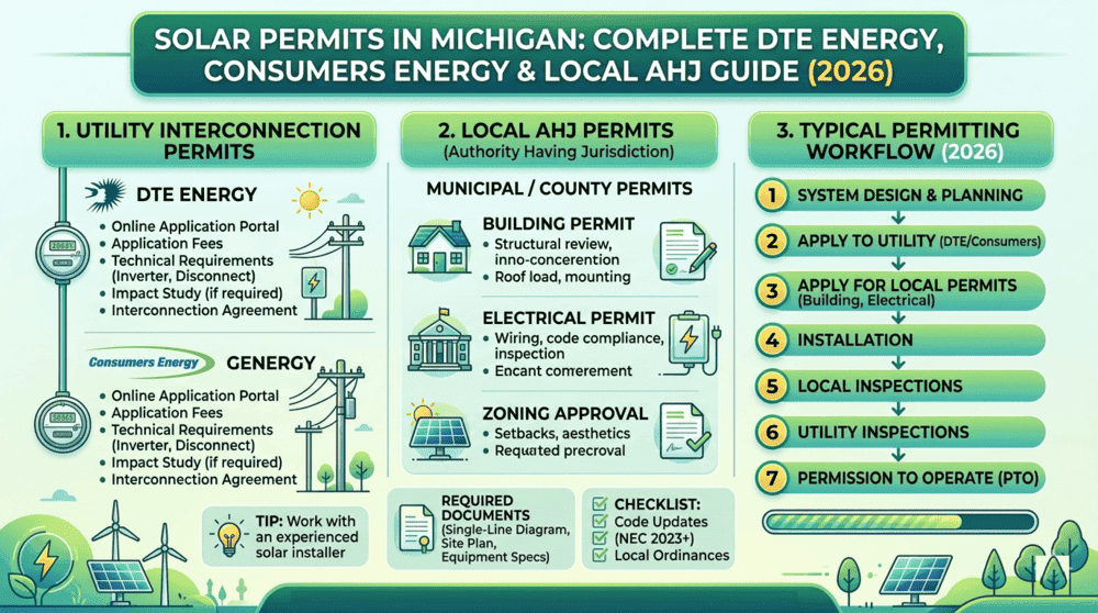 Infographic showing Michigan solar permit process including DTE Energy and Consumers Energy interconnection, local AHJ building and electrical permits, and the 7-step permitting workflow to PTO.