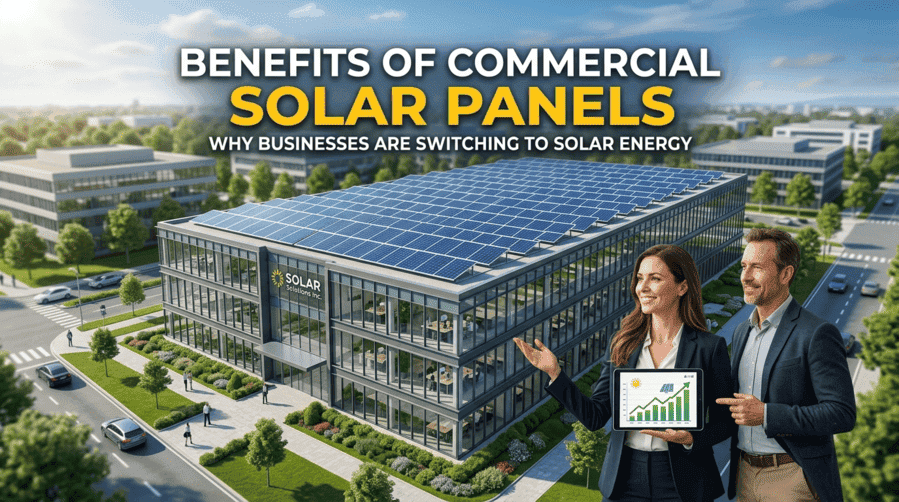 Commercial office building with rooftop solar panels, illustrating the benefits of commercial solar for businesses