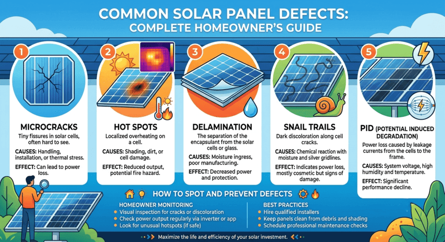 Infographic of common solar panel defects: microcracks, hot spots, delamination, snail trails, and PID