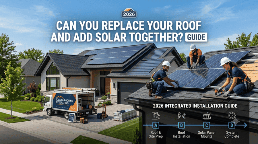 Roofing and solar crew installing solar panels during a combined roof replacement, 2026 guide to roof and solar installation