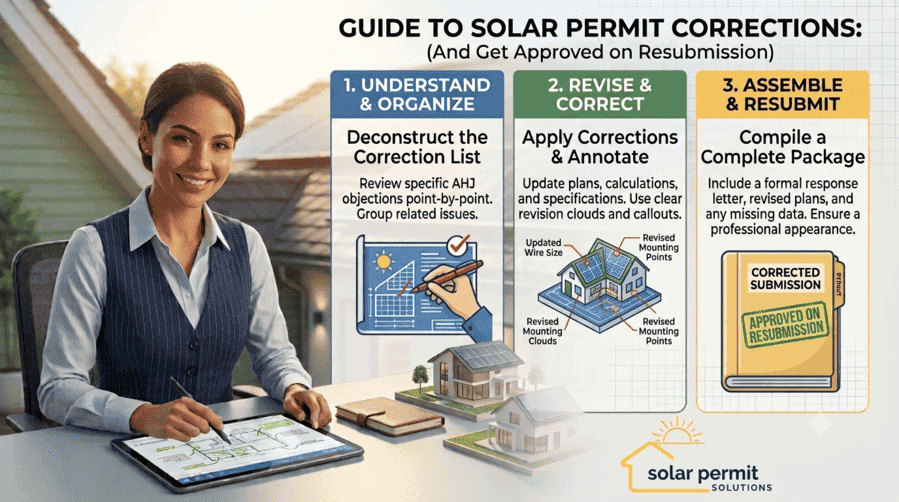 Infographic showing the 3-step process for solar permit corrections: organize, revise, and resubmit