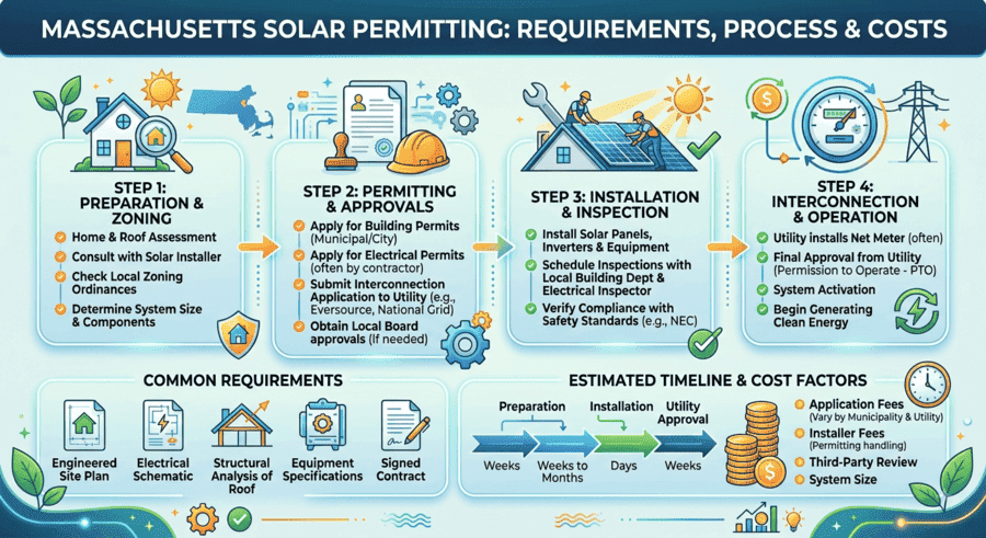 Massachusetts solar permitting approvals at a glance: building permit, electrical permit, zoning, fire/ESS review, utility interconnection, inspection, and PTO