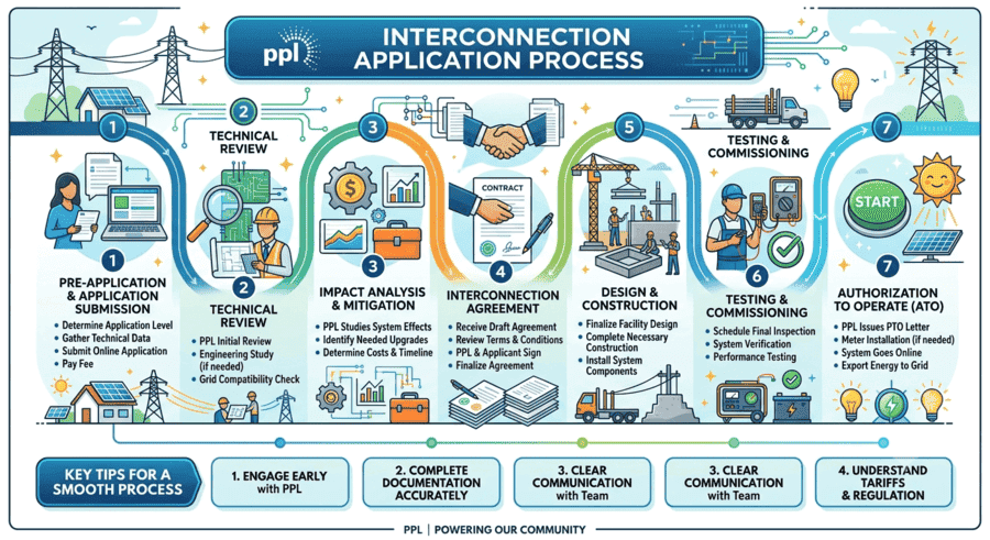 PPL Electric solar interconnection application process flowchart from application submission to permission to operate (PTO).