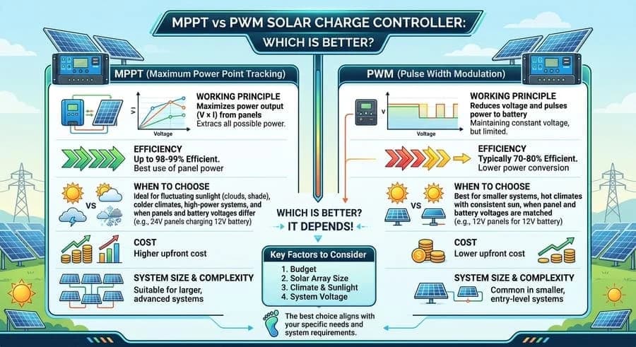 Infographic comparing MPPT and PWM solar charge controllers on efficiency, cost, and use cases.