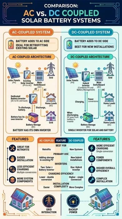 Comparison visual of AC-coupled and DC-coupled solar battery storage architectures.