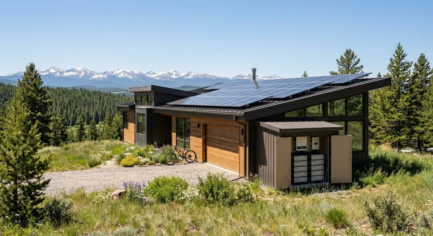 Modern off-grid home with rooftop solar panels and battery storage in a scenic natural landscape.