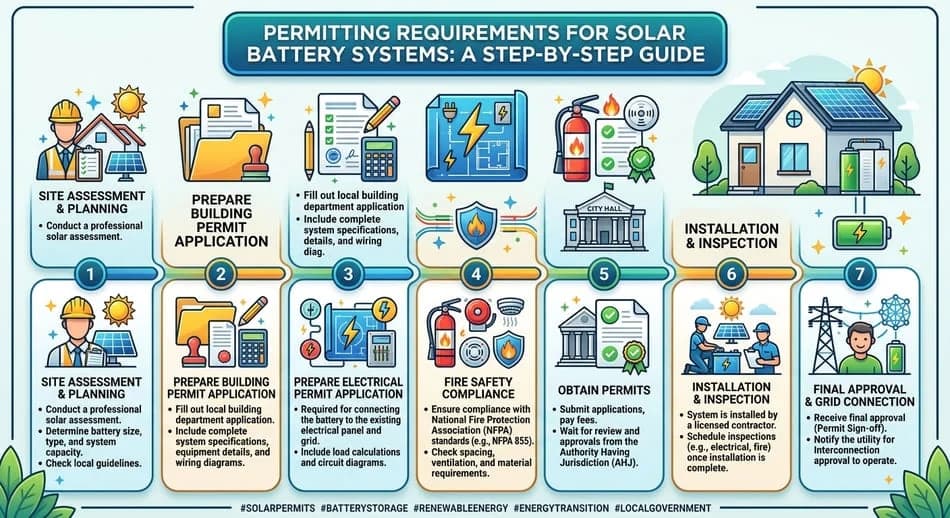 Visual guide outlining building permit application, fire safety compliance, and utility sign-off for solar energy storage.