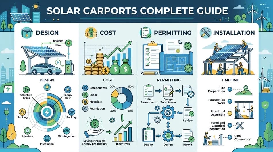 infographic titled Solar Carports Complete Guide, featuring sections on design, cost, permitting, and installation with icons and data charts.