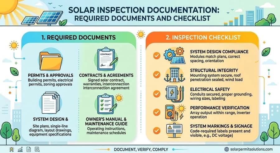 Solar permit inspection checklist and required documents guide showing permits, single-line diagrams, electrical safety checks, and compliance guidelines