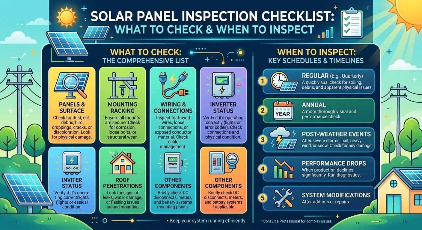 Solar panel inspection checklist graphic outlining key system components to inspect and recommended maintenance schedules.