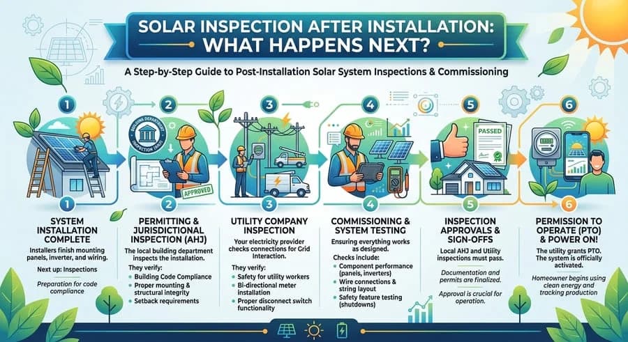 Infographic illustrating the 6 steps after solar panel installation: System Installation Complete, Permitting & AHJ Inspection, Utility Company Inspection, Commissioning & Testing, Inspection Approvals, and Permission to Operate (PTO)