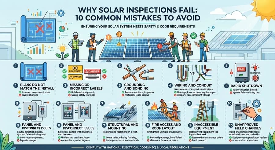 Infographic listing 10 common reasons solar PV inspections fail, including plan mismatches, labeling errors, grounding, and wiring issues.