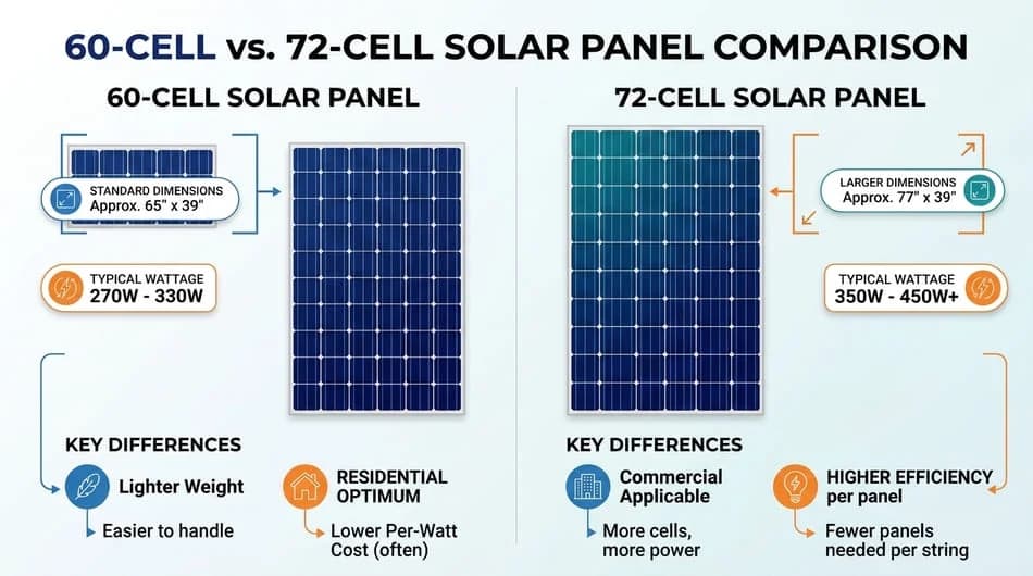 Landscape infographic comparing 60-Cell vs 72-Cell Solar Panels detailing size, wattage, and key differences side-by-side