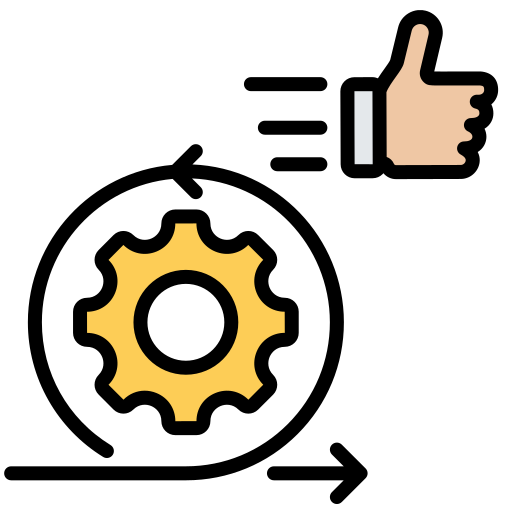 Illustration of a yellow gear with a black center and a thumbs-up hand symbol in beige with a white cuff on a black background.